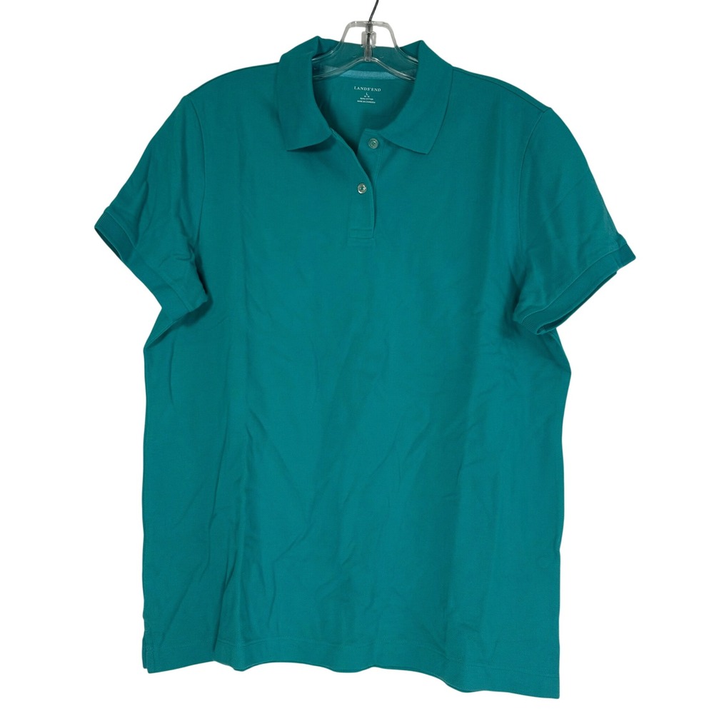 Lands End Womens Large 14-16 Polo Shirt Teal Green Cotton Short Sleeve Pique